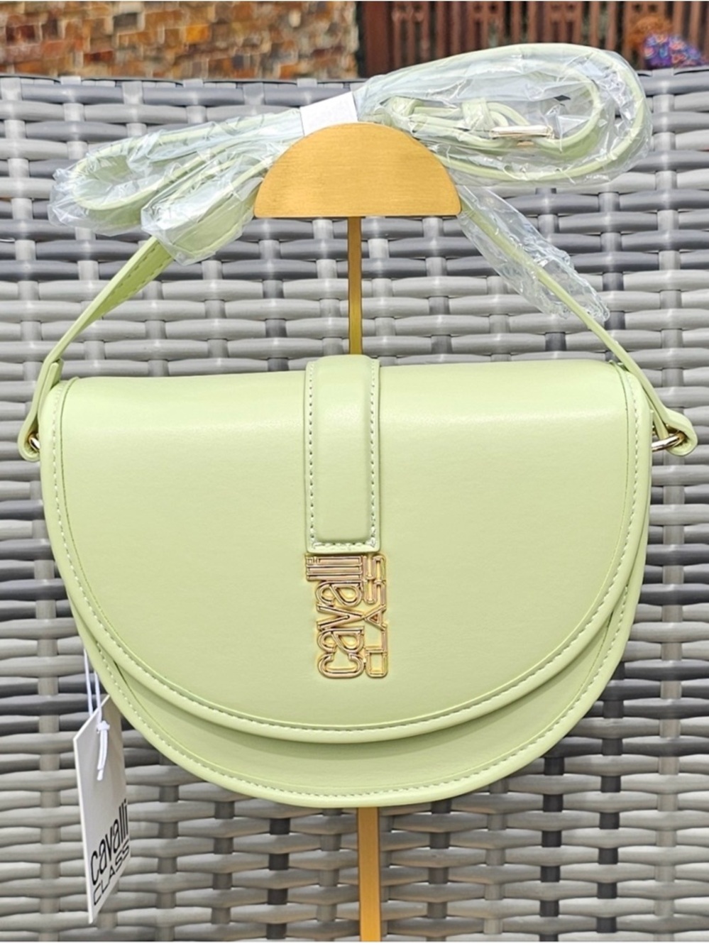 Cavalli Class Pistachio Green Saddle Crossbody with Gold Logo